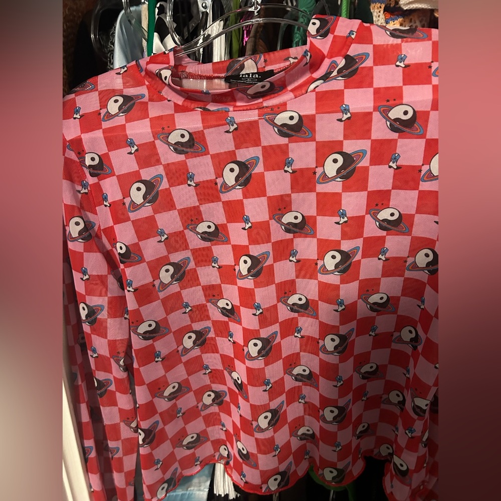 Dressed in LALA Red Checkered Top with Planet Print